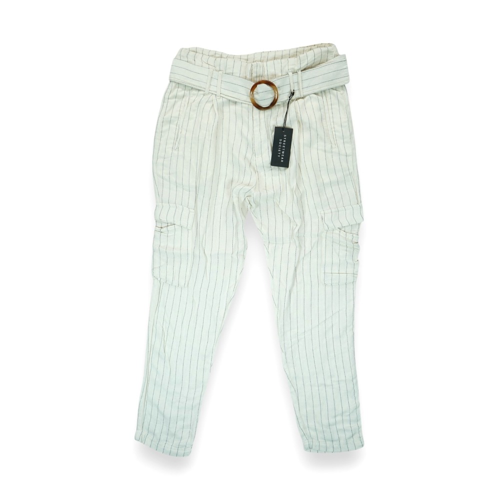 NWT Streetwear Society Women's Cargo Pants Size Large Striped Ivory Hip Hop